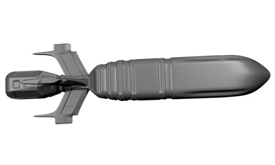 Above: 3D model of a torpedo (side elevation). The fins toward the rear stablise the torpedo during launch while the protrusions for each fin house guidance receivers.